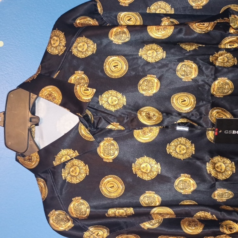 Men's Black Shirt with Gold Medallion Print